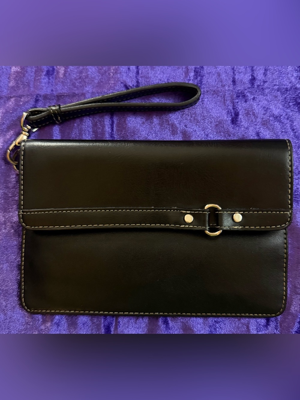 Classic Black Leather Wristlet Clutch with Gold Accent